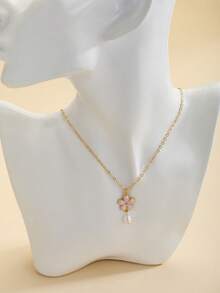 1 chiếc vòng cổ mặt dây chuyền hình hoa anh đào kiểu Baroque đính ngọc trai giả, màu men vàng nhạt, phong cách Y2K, thích hợp đeo hàng ngày hoặc làm quà tặng sinh nhật cho nữ. - Vàng - Xem 2