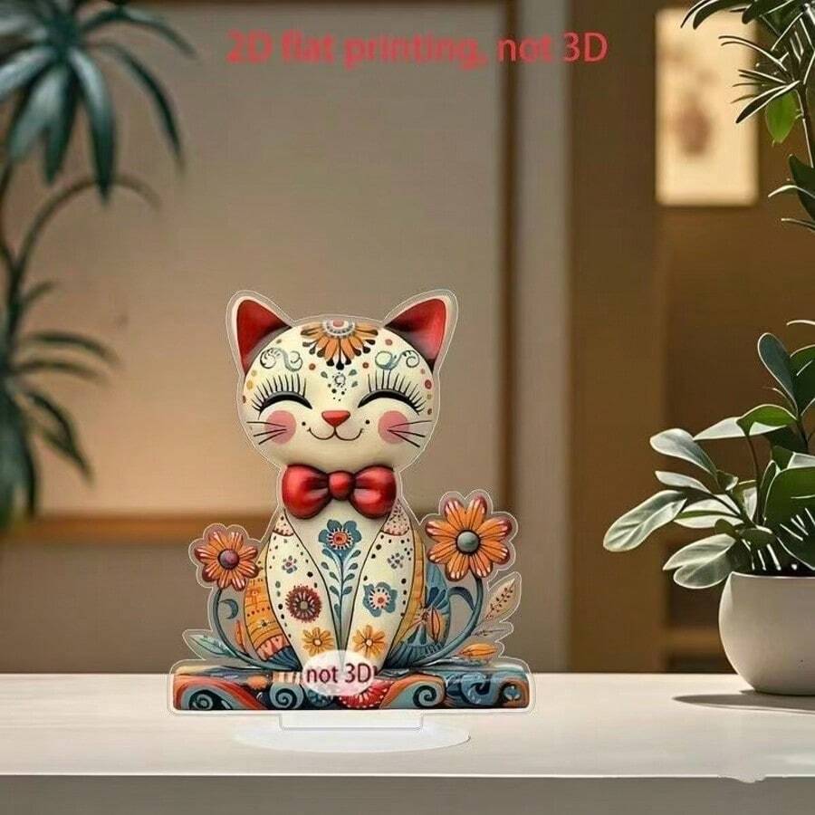 2D平面波西米亞風招財貓壓克力裝飾，創意桌面擺飾，適用客廳與玄關