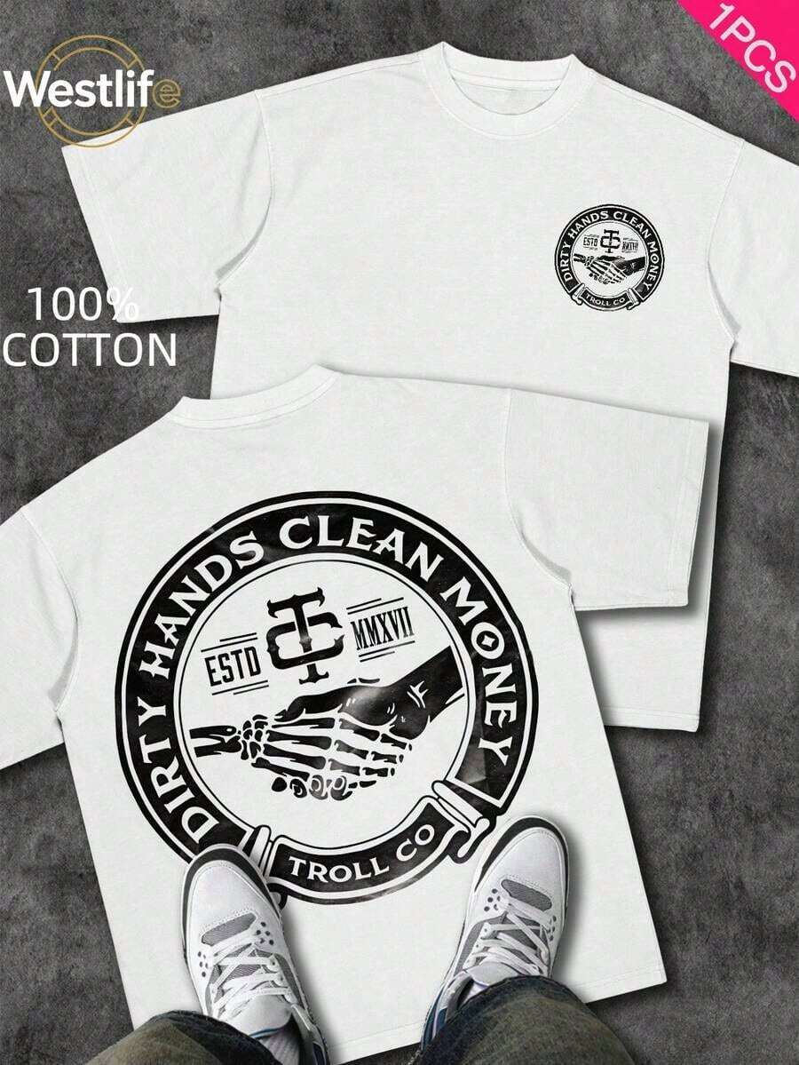 Cute Unisex Premium Casual T-Shirts, Men's Graphic Tee, Dirty Hands Clean ❤️ Money Daily Wear 100% Cotton Unisex Gift Idea For Him Or Her Urban Fashion Top - 白色 4 - 查看 1