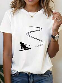 Under The Radar Women's Spring/Summer Short Sleeve Crew Neck T-Shirt With Silhouette Pattern Print, Dynamic Minimalist Ski Style, Smooth Slip-On, Women's Shirt, Women's Blouse. Unisex Loose Fit Cotton Short Sleeve Crew Neck T-Shirt With Urban Vintage Style - 白色 - 查看 1