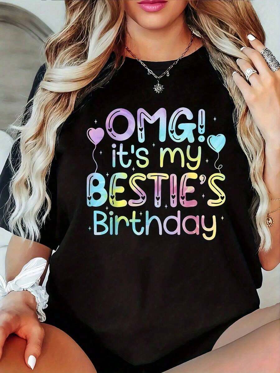 Plus Size, Women's Casual Printed T-Shirt, Round Neck, Short Sleeve, Slightly Stretchy Fabric, Regular Fit, Comfortable Top For All Seasons, Women's Clothing - 黑色 - 查看 1