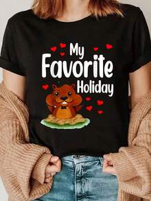 [Groundhog Day T-Shirt] Funny Groundhog Day T-Shirt - With The Phrase "My Favorite Holiday" And Groundhog Design, Casual Round Neck For Spring And Summer, Comfortable Fit And Medium Stretch For Groundhog Day Outfits. - 黑色 - 查看 1