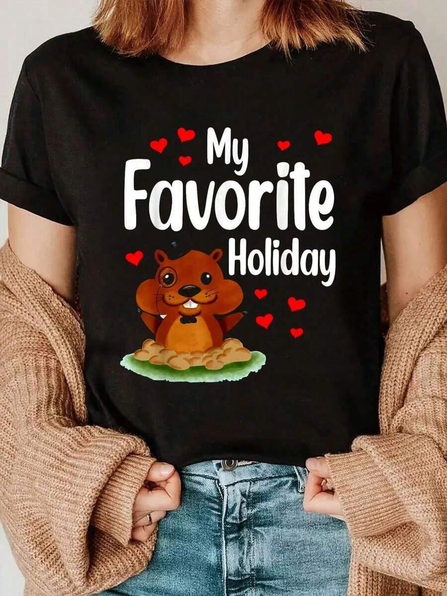[Groundhog Day T-Shirt] Funny Groundhog Day T-Shirt - With The Phrase "My Favorite Holiday" And Groundhog Design, Casual Round Neck For Spring And Summer, Comfortable Fit And Medium Stretch For Groundhog Day Outfits. - 黑色 - 查看 1