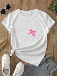 Women's Casual Summer T-Shirt With A Round Neck, Fitted Silhouette, And Short Sleeves, Featuring An Oil Painting Print With Floral, Heart, Cherry, And Lettering Designs. Simple, Casual Fabric With A Sporty Style, Perfect For Everyday Wear And A Valentine's Day Date. - YH1782-白色 - 查看 2