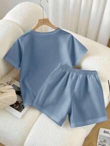 Conjunto casual diario de top de manga corta de cuello redondo de unicolor y shorts con cordón en la cintura para mujer - Niebla azul - Ver 2