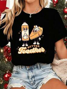 100% Cotton. High-Quality T-Shirt With A Thanksgiving Cake And Whipped Cream Print, Crew Neck, Relaxed Fit, Comfortable And With A Unique Graphic Print. Women's Simple Solid Color T-Shirt, Loose And Slim Fit Casual Short Sleeve - 黑色 - 查看 7