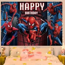 1pc Spider-Man Happy Birthday Backdrop Marvel Superhero Boy Party Decoration Cartoon Photography Background Indoor Holiday Gathering Scene Layout Cake Table Wall Tapestry Anime Fan Birthday Party Props Wall Hanging Decor - Nhiều màu - Xem 4