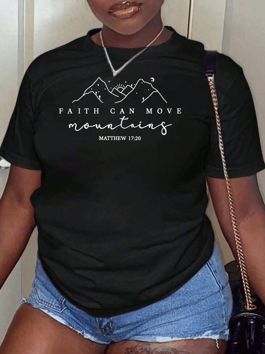 Camiseta de manga corta para mujer con estampado vintage de dibujos animados "La fe puede mover montañas", camiseta casual/de vacaciones para primavera/verano, disponible en almacén local, casual y elegante. - Negro - Ver 1