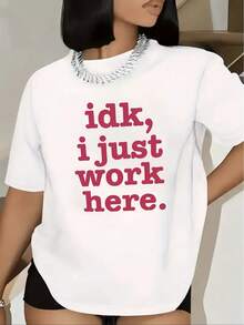 Women'S Casual Plus Size T-Shirt | Idk I Just Work Here Graphic Tee With Bold Pink Lettering, Round Neck, Stretchy, Machine Washable, Perfect For Casual Attire, Comfortable - 白色 - 查看 1