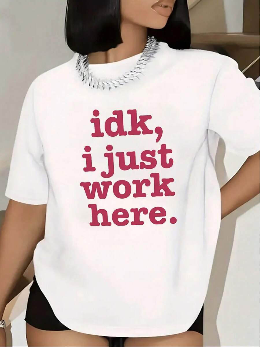 Women'S Casual Plus Size T-Shirt | Idk I Just Work Here Graphic Tee With Bold Pink Lettering, Round Neck, Stretchy, Machine Washable, Perfect For Casual Attire, Comfortable - 白色 - 查看 1