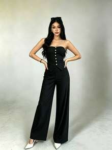 Set de 2 piezas para mujer: Top de manga corta con hombros descubiertos y pantalón campana de pierna ancha de unicolor - Negro - Ver 1