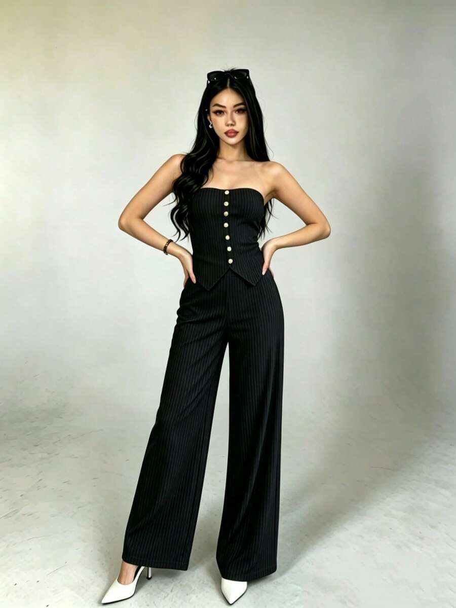 Set de 2 piezas para mujer: Top de manga corta con hombros descubiertos y pantalón campana de pierna ancha de unicolor - Negro - Ver 1