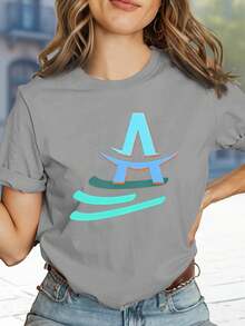 Women's T-Shirt With The Letter A And A Wave Design. | Suitable For Casual Wear In Spring And Summer, A Great Gift For Fashionable Women, Vintage Style, Breathable, Casual - Crew Neck, Regular Fit - Machine Washable, Printed T-Shirt Suitable For All Occasions. 5L3G - 灰色的 - 查看 1