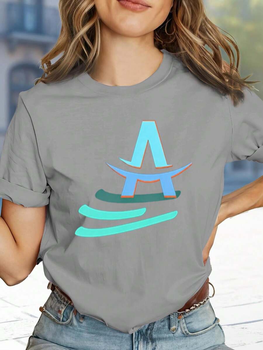 Women's T-Shirt With The Letter A And A Wave Design. | Suitable For Casual Wear In Spring And Summer, A Great Gift For Fashionable Women, Vintage Style, Breathable, Casual - Crew Neck, Regular Fit - Machine Washable, Printed T-Shirt Suitable For All Occasions. 5L3G - 灰色的 - 查看 1
