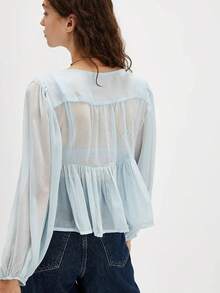 Women T-shirt, Long Sleeve Low-cut Pleated Tie-up See-through Solid Loose Sheer Tops Clubwear - Azul - Ver 2