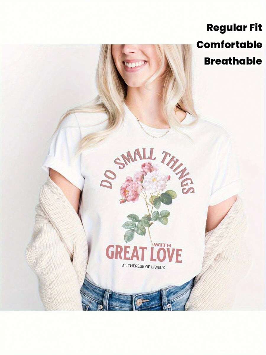 Camiseta Estampada para Mujer - Camiseta Casual de Manga Corta y Cuello Redondo en Blanco Floral con Texto Inspirador. Con un Corte Relajado para Todas las Estaciones, Perfecta para el Uso Diario y tus Atuendos de Vacaciones, Combínala con Jeans de Mezclilla (Lavable aáquina). - Blanco - Ver 1
