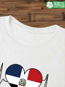New, Stylish, Crew Neck, Breathable, Casual Short-Sleeve Graphic T-Shirts For Women Featuring Elements Of The Dominican Republic Flag, Perfect For Family Trips, Leisure Days, And Outdoor Activities. 100% Cotton. - 白色 - 查看 4
