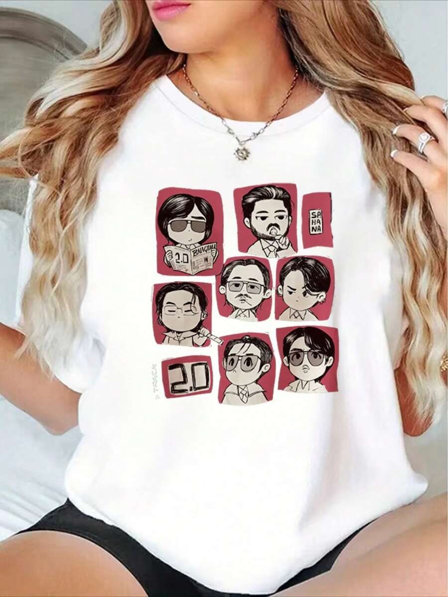| Exquisite Design | Loose And Comfortable | Easy To Match | Women's Spring/Summer Clothing Featuring A Chest-Print T-Shirt As The Main Element. The Overall Design Is A Q-Version/Cartoon Style, With A Unified Burgundy Background To Highlight The Characters, Creating A Cute Yet Modern Aesthetic. - 白色 - 查看 1