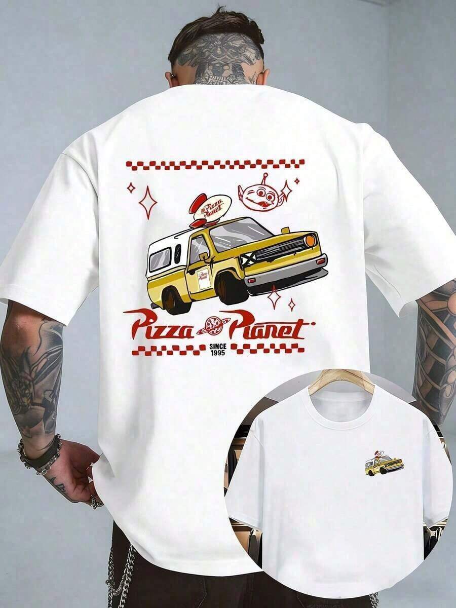 Camiseta Retro Vintage para Hombre de Pizza Planet 1995 - Diseño Gráfico del Camión de Pizza Planet de , Camiseta de Manga Corta de Corte Holgado con Diseño Nostálgico de los Juegos de los 90 para Uso Casual y Fiestas Temáticas - Blanco - Ver 1