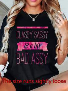 Camiseta Estampada para Mujer - Camiseta Casual de Manga Corta y Cuello Redondo en Negro con Diseño de Texto Rosa y Blanco, Corte Relajado para Todas las Estaciones, Perfecta para Uso Diario y Vacaciones (Lavable aáquina). - Negro - Ver 1
