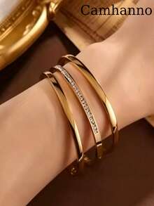 Camhanno Bộ 3 vòng tay | Bộ ba vòng tay xếp chồng bằng thép không gỉ mạ vàng 18K dành cho nữ - Nhiều màu - Xem 1