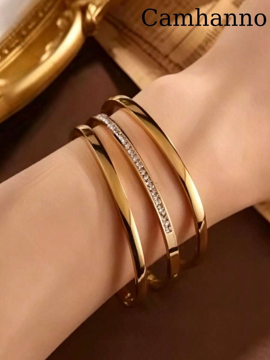 Camhanno Bộ 3 vòng tay | Bộ ba vòng tay xếp chồng bằng thép không gỉ mạ vàng 18K dành cho nữ - Nhiều màu - Xem 1