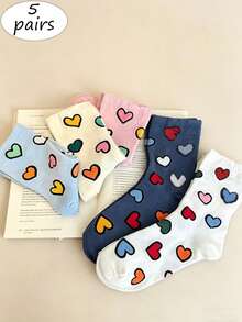 5 Pairs Women's Colorful Heart Pattern Mid-Calf Socks, Versatile For Various Outfits, Black Trim Design, Soft & Comfortable For All Occasions - Multicolor - View 2