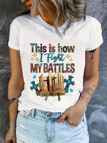 Camiseta con estampado de letras y libros coloridos, camiseta casual de manga corta con cuello redondo para primavera y verano, ropa de mujer. - Blanco - Ver 7