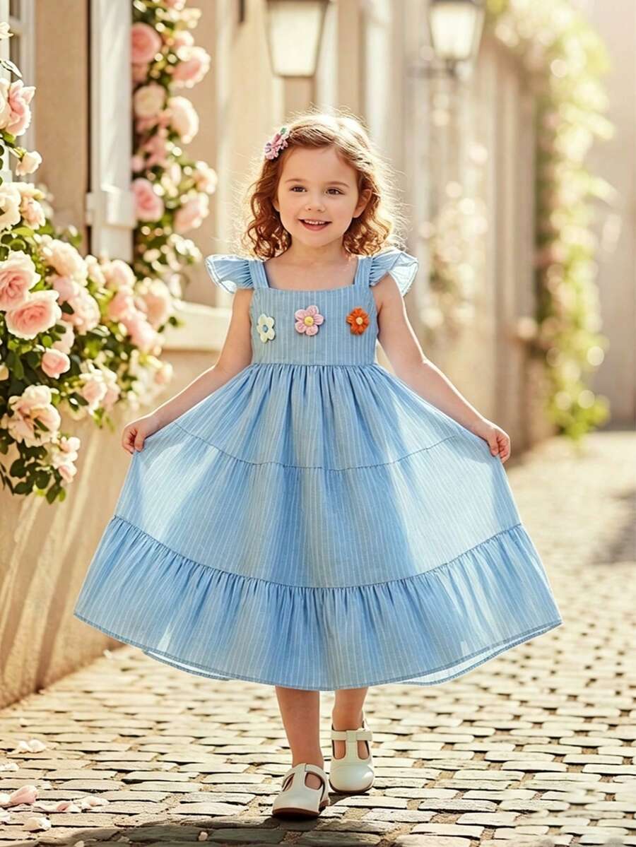 Young Girl Summer Dress, Cute Solid Color Cap Sleeve Colorful 3D Floral Elastic Waist Casual Holiday Dress