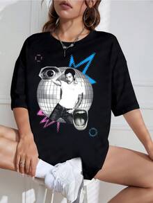 New For 2026: Disco Collage T-Shirt, Modern Pop Art Music Print T-Shirt, Unisex, Available In Plus Sizes, Casual Short Sleeve, Y2K Aesthetic Oversized T-Shirt For Fans. - 黑色 - 查看 6
