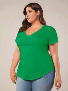 BASICS Camiseta casual versátil de manga corta y cuello en V de talla grande para mujer - Verde - Ver 3
