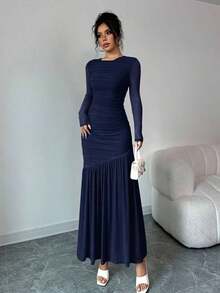 Vestido largo de manga larga con cuello redondo y malla para mujer, vestido casual de otoño.Adecuado para ropa de otoño, atuendo de regreso a clases, atuendo de maestro - Azul marino - Ver 6