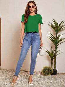 Blusa con mangas abullonadas, recorte ondulado y escote en la espalda, Blusas de manga corta - Verde - Ver 3