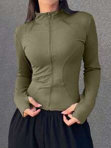 de forro polar de ajuste ceñido con cuello alto de unicolor para mujer, otoño e invierno - Verde militar - Ver 3