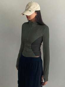 Chaqueta Ajustada Con Cierre De Cremallera Para Mujer - verde militar 2 - Ver 3