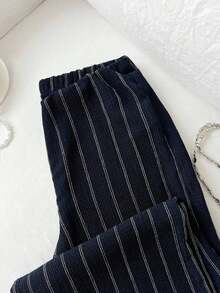 Pantalones casuales de mujer de corte holgado a rayas, versátiles para uso diario, estilo universitario - Azul marino - Ver 5