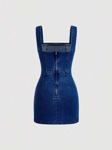 MOD Vestido de mezclilla de Body con cuello cuadrado y abertura, para moda de verano de mujeres - Azul lavado oscuro - Ver 2