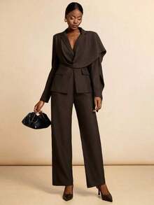 Conjunto casual de blazer y pantalones de unicolor con cuello entallado para ir al trabajo - Marrón - Ver 5