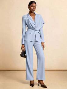 Conjunto casual de blazer y pantalones de unicolor con cuello entallado para ir al trabajo - Azul - Ver 6