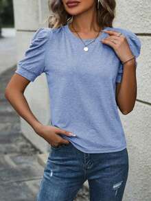 Selamara Camiseta casual de verano para mujer, de unicolor, cuello redondo y manga abullonada - Celeste - Ver 3