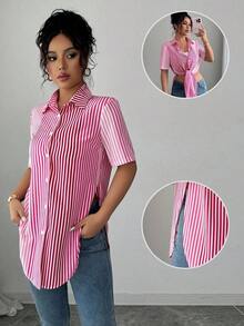 Camisa de mujer de manga corta, ajuste ceñido, con dobladillo curvo dividido, unicolor minimalista, para uso diario y casual en verano - Multicolor 4 - Ver 4