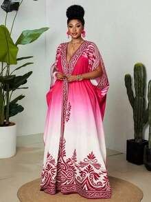 Vestido maxi con cuello en V, mangas tipo murciélago y botones para mujer talla grande, de primavera/verano, estilo bohemio, elegante y lujoso, relajado y vintage, para usar en la playa, con estampado geométrico degradado, cómodo y holgado tipo kaf - Multicolor - Ver 3