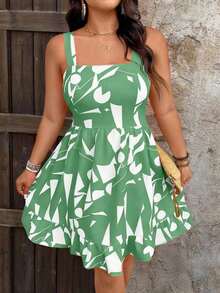 Vestido de talla grande con estampado, lazo en la cintura y decoración para mujeres de vacaciones - Verde - Ver 4