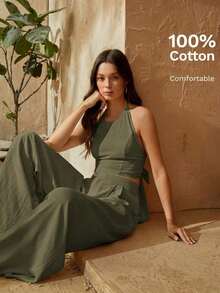 trasero de espalda abierta Top halter & Pantalones de pierna ancha - Verde militar - Ver 9