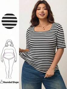 Camiseta de manga corta de cuello cuadrado de ajuste ceñido y elástica para mujer de talla grande, camiseta primavera y verano amigable con la piel, compatible con curvas redondeadas del Body, compatible con la forma del Body redondeada de Apple/20 - Blanco y Negro - Ver 7