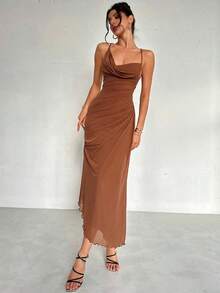 elegante y romántico de estilo elegante y sexy para mujer, adecuado para fiesta, vacaciones, vuelta al colegio, cita romántica y boda, vestido de fiesta, vestido largo con cuello drapeado, espalda descubierta y volantes con lazo - Café integral - Ver 2