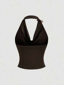 Top sin mangas con cuello de volantes y diseño de cintura ceñida, moda de verano para mujeres con inspiración vintage - Café integral - Ver 2