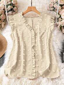 Blusa sin mangas de talla grande para vacaciones casuales con parches de puntitos suizos de mezcla de estilos y dobladillo con volantes - Albaricoque - Ver 7