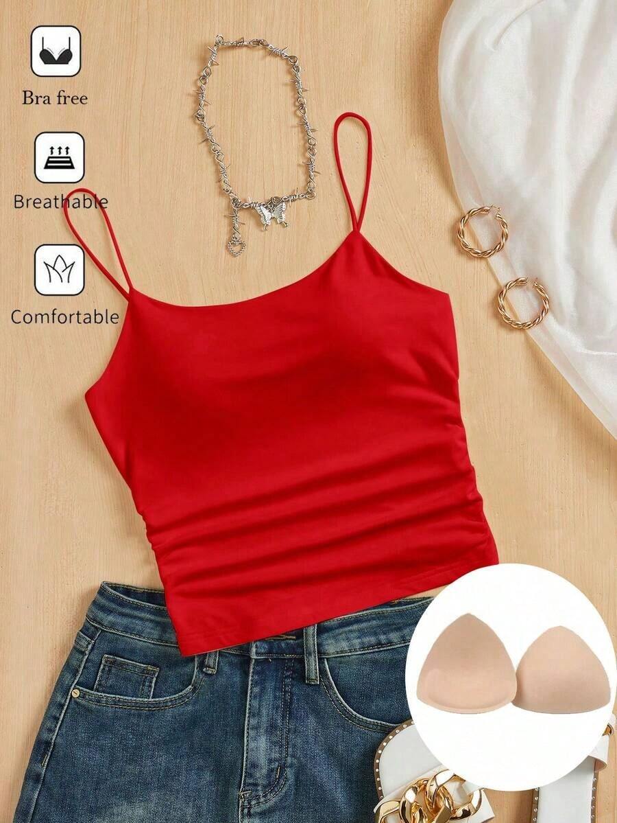 Camiseta ajustada con cuello redondo, almohadilla en el pecho y transpirable.Camisola básica para mujer sin sujetador - Rojo - Ver 1