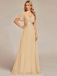 Vestido de dama de honor con cuello en V elegante, mangas con volantes y mariposa, color verde salvia, vestido de invitada de boda, vestido de primavera semi-formal para boda, fiesta de cumpleaños, graduación, Día de San Valentín - Champán - Ver 6